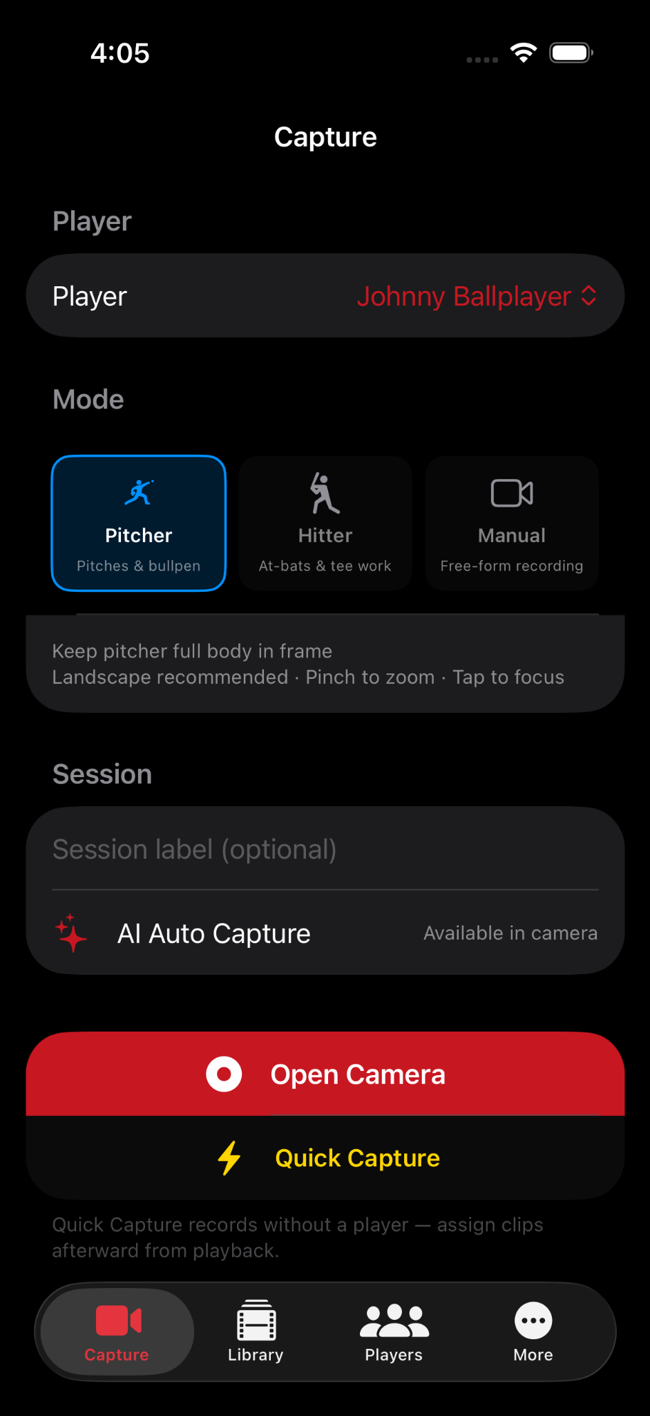 GameClip AI capture screen showing pitcher, hitter, manual, and AI auto capture modes
