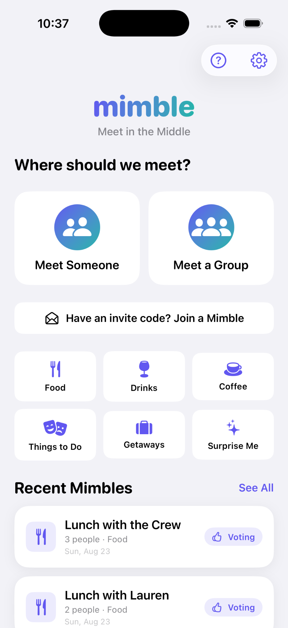 Mimble home screen showing meetup choices, categories, and recent Mimbles